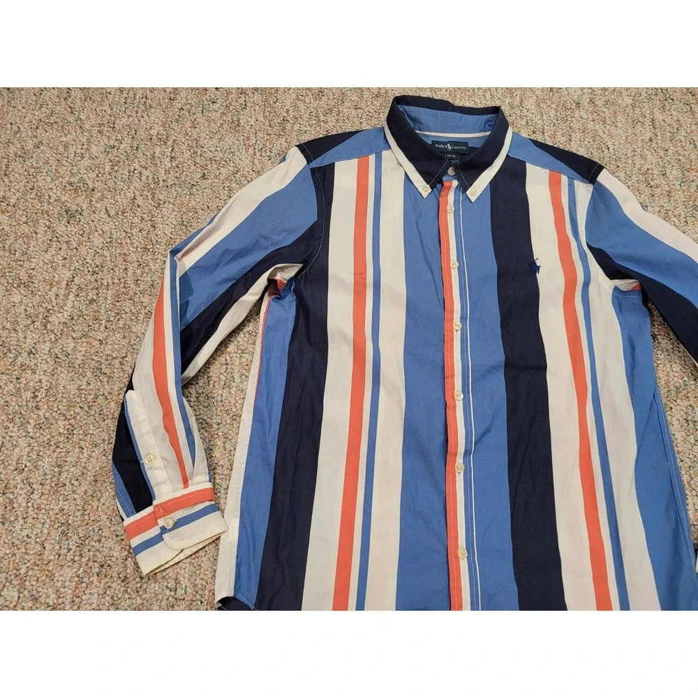 Ralph Lauren Striped Button Down Shirt Boys Large 14-16 Blue Orange Cotton